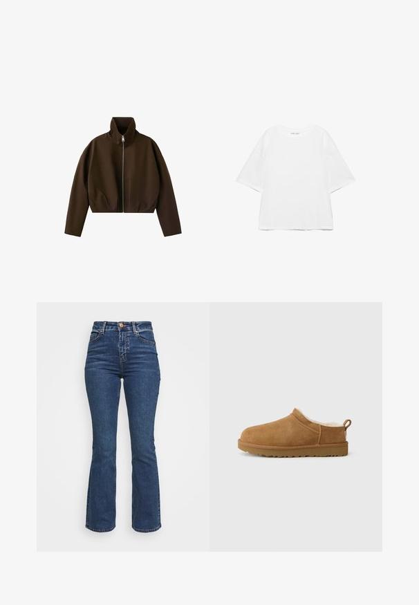 Bruine jas met hoge hals en ritssluiting, lange mouwen en een licht cropped pasvorm, weergegeven op een witte achtergrond.; Witte oversized T-shirt met korte mouwen, ronde hals, effen ontwerp en verzonken schoudernaden op een witte achtergrond.; Hoge taille blauwe jeans gemaakt van denim. Flared leg ontwerp met een knoopsluiting en zakken. Beschikt over een klassieke wassing en stiksel details.; Bruine suede instap schoen met een zachte, witte bontvoering, vlakke rubberen zool, ronde neus en een kleine trekflap aan de hiel.