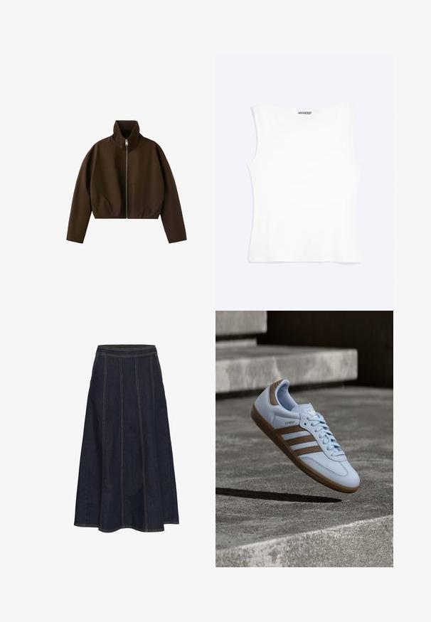 Chaqueta marrón de cuello alto con cremallera, manga larga y un corte ligeramente corto, mostrada sobre un fondo blanco.; Camiseta sin mangas blanca ajustada con escote redondo y diseño minimalista, etiquetada como "WEEKDAY" en el interior del cuello.; Falda A de mezclilla oscura con una cinturilla ancha, costuras visibles y un dobladillo acampanado. No tiene bolsillos ni adornos.; Zapatilla de deporte azul claro con detalles en ante marrón, presenta tres franjas laterales, cordones planos y una suela de goma texturizada. Logotipo de la marca en la lengüeta.