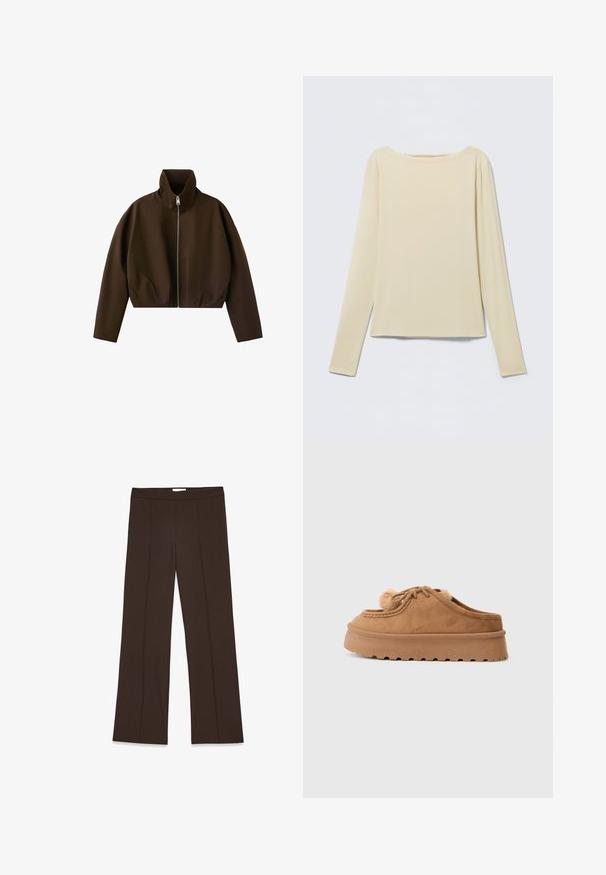 Chaqueta marrón de cuello alto con cremallera, manga larga y un corte ligeramente corto, mostrada sobre un fondo blanco.; Top beige ajustado de manga larga con escote barco, exhibido sobre un fondo claro.; Pantalones marrones de pierna ancha confeccionados en una tela suave; presentan pliegues frontales y una cinturilla estándar. Diseño minimalista sin cierre visible.; Zapato marrón de ante tipo slip-on con suela gruesa, parte superior con cordones y suave forro de piel alrededor de la lengüeta y en su interior.