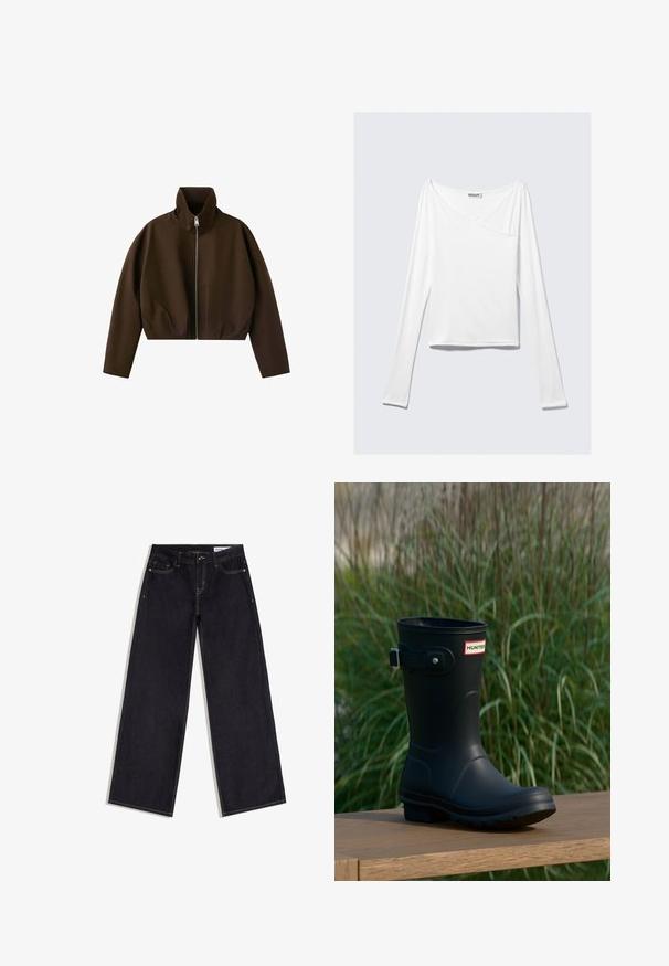 Braune Jacke mit Stehkragen und Reißverschluss, langen Ärmeln und leicht verkürztem Schnitt, auf weißem Hintergrund gezeigt.; Weißes Langarmoberteil mit einem Überlappungsdesign und einer Tasche. Hergestellt aus einem glatten, elastischen Material. In einem lässigen, entspannten Schnitt.; Dunkelblaue Jeans mit weitem Bein, vorn mit Taschen, Gürtelschlaufen und kontrastierenden Nähten, flach auf einem weißen Hintergrund liegend.; Schwarzer Gummiregenstiefel mit glänzender Oberfläche, ausgestattet mit einer silbernen Schnalle und einem Logo-Patch. Die Sohle ist strukturiert für besseren Halt.