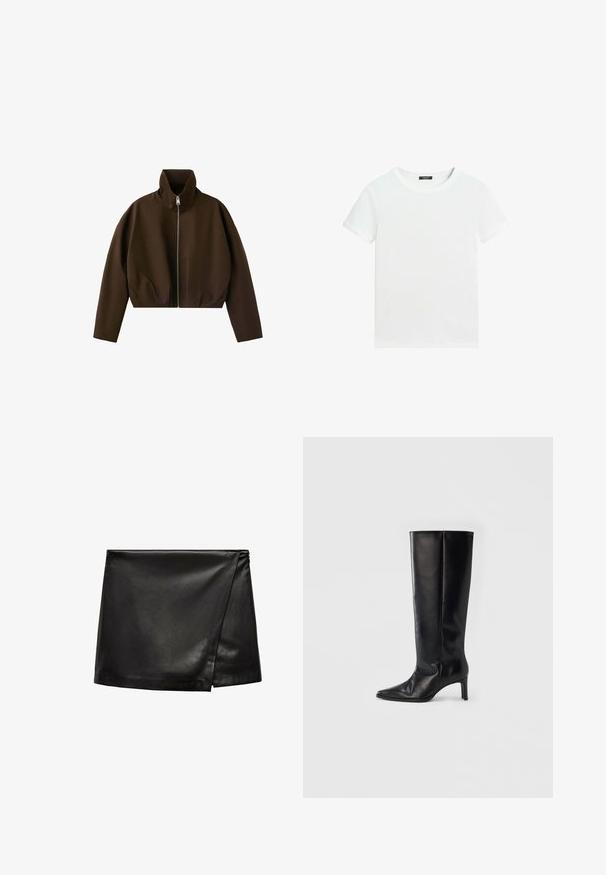 Veste marron à col montant zippée, manches longues et coupe légèrement courte, présentée sur fond blanc.; T-shirt blanc uni à manches courtes avec un col rond et une petite étiquette noire à l’intérieur du col.; Mini-jupe en cuir noir avec un design à enfiler, présentant une texture lisse et un style minimaliste. Aucun matériel ou motif visible.; Bottes noires montantes en cuir lisse, avec un bout pointu et un talon fin, une tige ajustée et un design minimaliste.