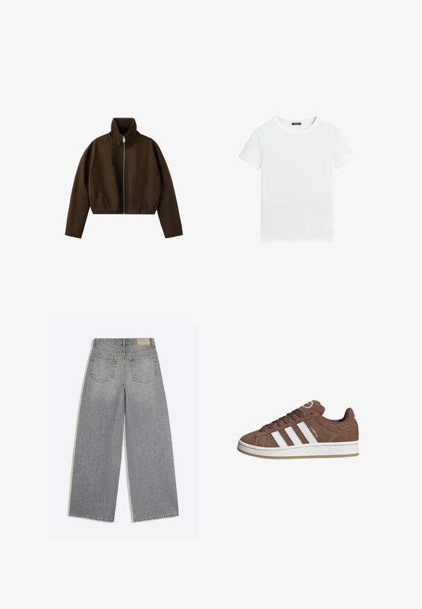 Brun højhalset jakke med lynlås, lange ærmer og en let kortet pasform, vist på hvid baggrund.; Almindelig hvid T-shirt med korte ærmer, rund halsudskæring og lille sort label inden i kraven.; Grå vidbenede denimjeans der viser bagsiden med to lommer og bæltestropper lagt fladt på hvid baggrund.; Brune ruskinds sneakers med hvide læderstriber, gummisål, rund tå og snørebåndsfront. Har et logo på tungen og perforerede detaljer.