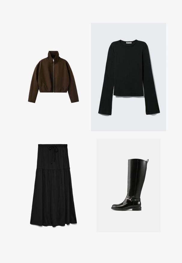 Veste marron à col montant zippée, manches longues et coupe légèrement courte, présentée sur fond blanc.; T-shirt noir à manches longues avec col rond, silhouette ajustée et manches légèrement évasées, étiqueté avec la marque "Weekday" au niveau de l'encolure.; Jupe longue noire avec taille froncée et cordon ajustable, coupe ample et tissu doux.; Bottes noires montantes en cuir verni, avec un détail de boucle argentée à la cheville et une conception à bout arrondi. Semelle plate.