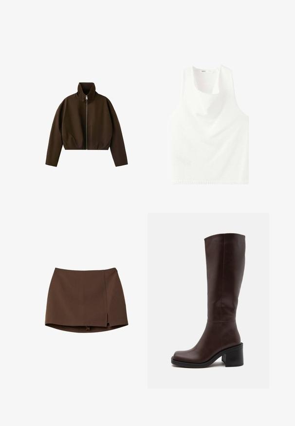 Veste marron à col montant zippée, manches longues et coupe légèrement courte, présentée sur fond blanc.; Gilet sans manches en tricot blanc avec encolure ronde, ourlet côtelé et étiquette de marque MNG à l’intérieur du col.; Mini-jupe marron en tissu lisse, avec une fente frontale, des lignes épurées et une coupe structurée. Sans poches ni détails métalliques apparents.; Botte en cuir marron foncé montant jusqu'au genou avec un bout carré arrondi et un talon épais sur fond blanc.