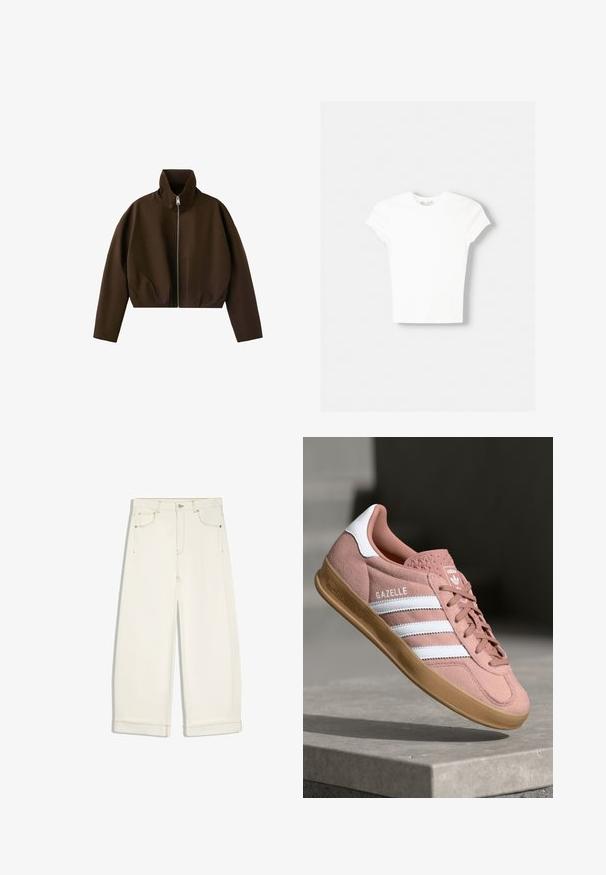 Bruine jas met hoge hals en ritssluiting, lange mouwen en een licht cropped pasvorm, weergegeven op een witte achtergrond.; Witte t-shirt met korte mouwen van zachte katoen, met een ronde halslijn en een getailleerde vorm. Geen zichtbare patronen of versieringen.; Off-white wijde jeans met voorzakken, riemlussen, een knoopsluiting en zichtbare stiksels op een witte achtergrond.; Roze suède sneakers met witte strepen, rubberen gumzool, gestructureerde bovenkant en logo op de tong. Klassiek low-top ontwerp.