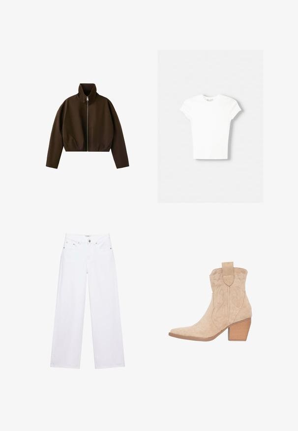 Bruine jas met hoge hals en ritssluiting, lange mouwen en een licht cropped pasvorm, weergegeven op een witte achtergrond.; Witte t-shirt met korte mouwen van zachte katoen, met een ronde halslijn en een getailleerde vorm. Geen zichtbare patronen of versieringen.; Witte jeans met hoge taille en wijde pijpen, voorzien van knoop- en ritssluiting, voor- en achterzakken, en zilverkleurige klinknageldetails.; Beige suède cowboylaarzen met een pointed toe, decoratieve stiksel en een gestapelde hak. Heeft een trekband aan de achterkant.