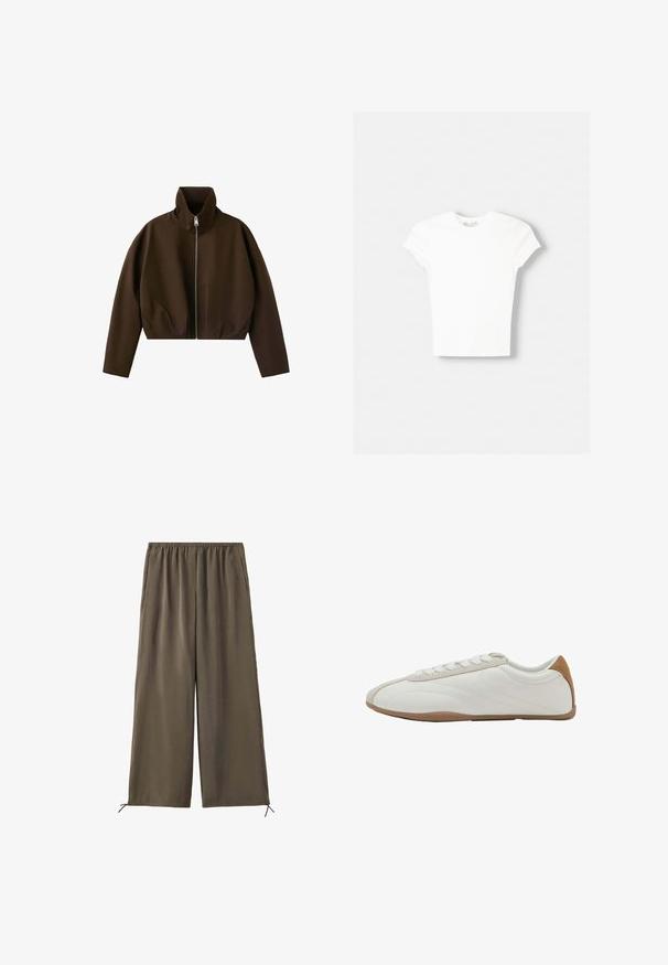 Veste marron à col montant zippée, manches longues et coupe légèrement courte, présentée sur fond blanc.; T-shirt blanc à manches courtes en coton doux, avec un col rond et une coupe ajustée. Pas de motifs ni d'ornements visibles.; Pantalon vert olive ample avec taille élastique et cordons au bas, présenté à plat sur fond blanc.; Baskets blanches à profil bas avec des accents en daim beige, design à lacets et semelle en caoutchouc marron, vues du côté extérieur sur fond blanc.