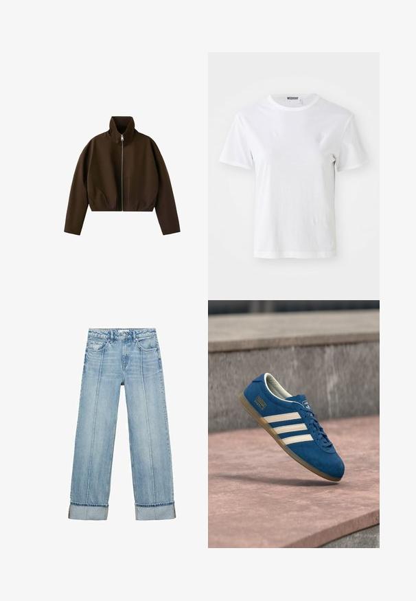 Chaqueta marrón de cuello alto con cremallera, manga larga y un corte ligeramente corto, mostrada sobre un fondo blanco.; Camiseta blanca de manga corta hecha de una tela suave. Cuenta con un escote redondo y un corte recto, con una etiqueta en el cuello interior.; Jeans anchos de mezclilla azul claro con una cintura alta, que cuentan con cinco bolsillos, costuras visibles y dobladillos en los puños.; Zapatilla de gamuza azul con rayas y cordones crema, suela de goma color miel, superficie texturizada, puntera redondeada y marca lateral.