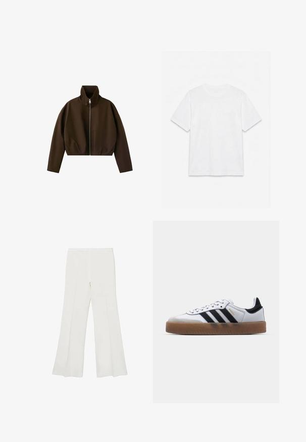 Chaqueta marrón de cuello alto con cremallera, manga larga y un corte ligeramente corto, mostrada sobre un fondo blanco.; Camiseta blanca lisa de manga corta con cuello redondo, colocada plana sobre un fondo blanco.; Pantalones acampanados blancos con una textura suave y líneas limpias, con una cinturilla de altura media y sin hardware o patrones visibles.; Zapatillas de cuero blancas con rayas negras, suela de goma, puntera redonda, cierre de cordones y caperuza de ante gris suave.