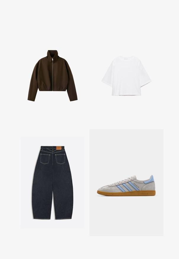 Bruine jas met hoge hals en ritssluiting, lange mouwen en een licht cropped pasvorm, weergegeven op een witte achtergrond.; Wit, kort mouw, boxy t-shirt gemaakt van zacht katoen. Heeft een ronde hals en brede mouwen, met een strak, eenvoudig ontwerp.; Donkerblauwe denim jeans met wijde pijpen, gezien van achteren met twee opgestikte zakken en een bruin leren merklabel op de tailleband.; Grijze suède sneaker met lichtblauwe strepen, rubberen gumzool en logo-accenten. Laag model met ronde neus en vetersluiting.