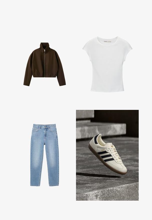Bruine jas met hoge hals en ritssluiting, lange mouwen en een licht cropped pasvorm, weergegeven op een witte achtergrond.; Witte katoenen T-shirt met korte, opgerolde mouwen, een ronde halslijn en een rechte zoom. Gladde textuur zonder zichtbare patronen of accenten.; Lichtblauwe denim jeans met een rechte snit, vijf zakken en een ritssluiting aan de voorkant. De stof vertoont een lichte vervaging en heeft een gladde textuur.; Witte Adidas Samba sneaker met zwarte strepen en gumzool, zwevend boven gestructureerde grijze betonnen treden.
