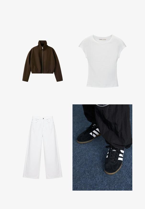 Veste marron à col montant zippée, manches longues et coupe légèrement courte, présentée sur fond blanc.; T-shirt en coton blanc avec manches courtes retroussées, encolure ronde et ourlet droit. Texture lisse sans motifs ni accents visibles.; Pantalon blanc à jambes larges avec bouton et fermeture éclair à l'avant, passants pour ceinture et deux poches avant, présenté sur un fond blanc uni.; Des chaussures de sport en suède noir avec trois rayures blanches et des lacets noirs. Un pantalon noir texturé est partiellement visible à côté des chaussures.