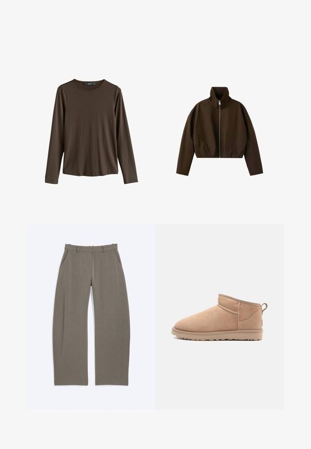 Veste marron à col montant zippée, manches longues et coupe légèrement courte, présentée sur fond blanc.; Chemise marron à manches longues en tissu lisse. Elle présente un col rond et un ourlet droit, sans motifs ni accents visibles.; Pantalon taupe à jambes droites avec passants de ceinture et poches latérales, posé à plat sur fond blanc.; Botte de cheville en daim beige avec un bout arrondi, une texture douce, un design simple et une semelle en caoutchouc à profil bas. Dispose d'une languette à l'arrière.