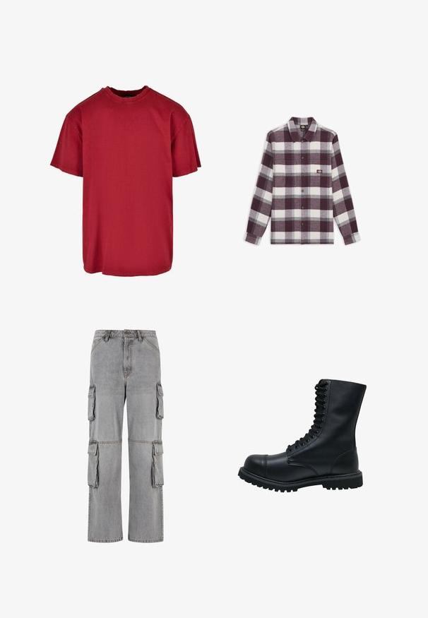 Camisa de franela a cuadros en rojo oscuro, blanco y gris. Presenta mangas largas, cuello y cierre de botones. Incluye un logo en el bolsillo del pecho.; Camiseta de algodón roja con un corte relajado, mangas cortas, cuello redondo y detalles desgastados cerca de los hombros. Sin logotipos visibles.; Pantalones cargo grises de mezclilla; presentan múltiples bolsillos laterales, un corte relajado y costuras contrastantes a lo largo de las costuras.; Botín de cuero negro con cordones, punta redonda, caña alta, suela de goma gruesa y superficie texturizada. Presenta costuras reforzadas a lo largo de las uniones.