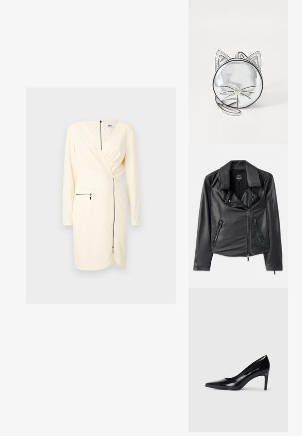 Veste de moto en simili cuir noir avec grands revers, zip asymétrique à l'avant et deux poches zippées. Texture lisse, coupe ajustée.; Robe longue à manches longues de couleur crème avec un design croisé, comportant une poche zippée à l'avant et une fermeture éclair diagonale sur le devant. Texture lisse.; Chaussure à talon haut en cuir noir avec un bout pointu, texture lisse et un talon effilé. Design minimaliste, sans embellissements supplémentaires.; Sac à main rond en argent avec des oreilles de chat, présentant un tirette en forme de cœur et des détails de moustaches sur une surface lisse et brillante.