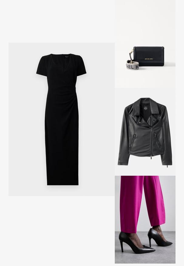 Veste de moto en simili cuir noir avec grands revers, zip asymétrique à l'avant et deux poches zippées. Texture lisse, coupe ajustée.; Robe noire mi-longue avec des manches courtes, décolleté en V et design à enroulement à l'avant. Tissu lisse avec des détails froncés sur le côté pour une silhouette flatteuse.; Chaussures à talons hauts noires avec un design à bout pointu et une texture en cuir lisse. Associées à des pantalons ajustés rose vif.; MICHAEL Michael Kors JET SET SM PHONE WBG XBODY - Sac bandoulière - black