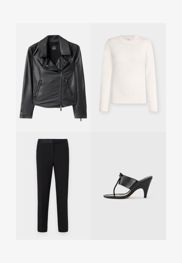 Sort faux læder motorcykeljakke med brede revers, asymmetrisk frontlynlås og to lynlåslommer. Glat overflade, tætsiddende pasform.; Ribbet, langærmet sweater i off-white med rund halsudskæring og subtile teksturmønstre over hele.; Sorte bukser med en glat tekstur, lige snit og en satinlinning. Har minimal detaljering og ingen synlige mønstre eller accenter.; Sort højhælet sandal med bred frontrem og en tåsløjfe med en knyttet snordetalje, vist i profil på hvid baggrund.