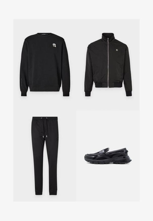 Sort lynlåsjakke med opretstående krave, ribstrikkede manchetter og kant, sidelommer og et lille logopatch på venstre bryst.; Sort sweatshirt med rund halsudskæring, ribbede manchetter og smæk. Har et lille grafisk motiv på brystet og mærkets navn trykt påærmet.; Sorte joggingbukser lavet af blødt stof, med elastisk talje med snoretræk, sidelommer og tætsiddende manchetter ved anklerne.; Sort slip-on sneaker med tyk tekstureret sål og meshpaneler, designet til afslappet og atletisk brug.