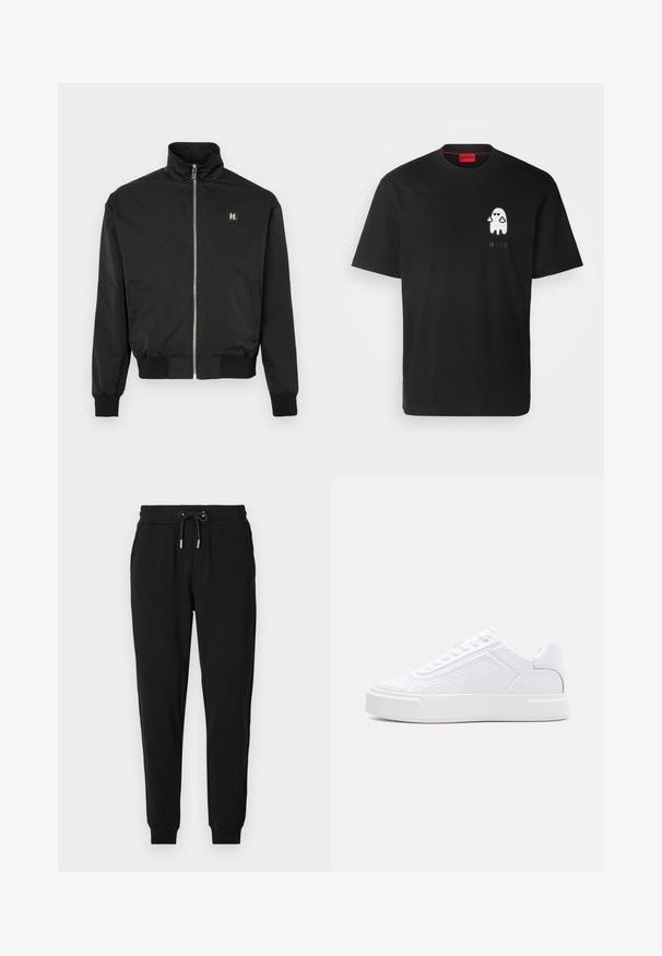 Sort lynlåsjakke med opretstående krave, ribstrikkede manchetter og kant, sidelommer og et lille logopatch på venstre bryst.; HUGO DICATIKO - T-shirts print - black; Sorte sweatpants med elastisk talje, justerbar snor, sidelommer og tapered ben. Fremstillet af blødt, strækbart stof.; Hvid lav sneaker med præget geometrisk mønster, snørelukning og tyk sål, vist i profil mod en hvid baggrund.