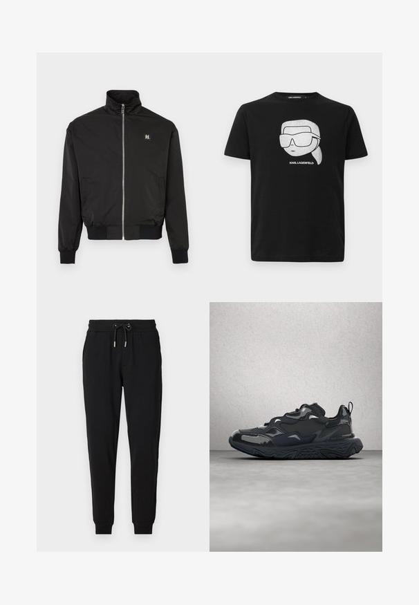 Sort lynlåsjakke med opretstående krave, ribstrikkede manchetter og kant, sidelommer og et lille logopatch på venstre bryst.; Sort bomulds t-shirt med en hvid grafik af en stiliseret karakter iført store solbriller, med teksten "KARL LAGERFELD" under billedet.; Sorte sweatpants med elastisk talje, justerbar snor, sidelommer og tapered ben. Fremstillet af blødt, strækbart stof.; Sort løbesko med tekstureret overdel, glatte detaljer og en chunky sål med bølgemønster, designet for komfort og holdbarhed.