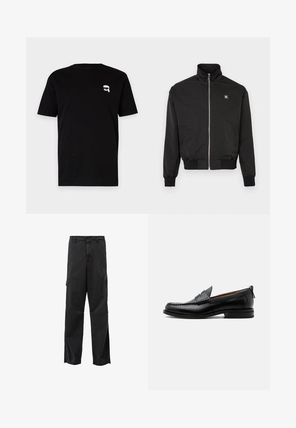 Sort lynlåsjakke med opretstående krave, ribstrikkede manchetter og kant, sidelommer og et lille logopatch på venstre bryst.; Sort bomulds t-shirt med korte ærmer, der har et lille hvidt grafisk motiv af en karakter med briller på venstre bryst. Klassisk crew neck design.; Sorte cargo bukser med lige skæring, knaplukning og sidelommer. Glat stof med mat finish og uden synlige mønstre.; Sort læder herre loafer med moc-tå syning, penny strop, struktureret krave og lav stablet hæl på hvid baggrund.