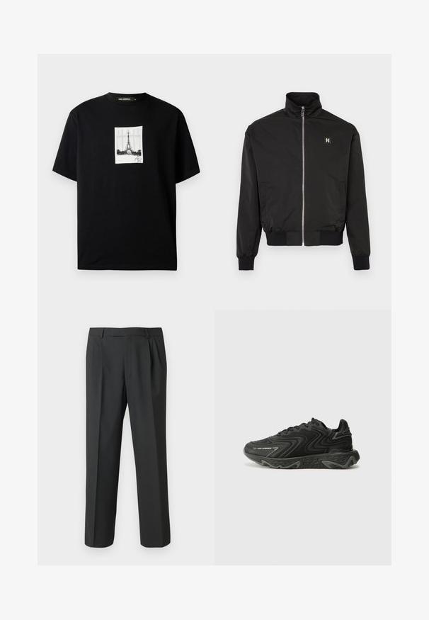 Sort lynlåsjakke med opretstående krave, ribstrikkede manchetter og kant, sidelommer og et lille logopatch på venstre bryst.; Sort t-shirt med korte ærmer, der har et centreret hvidt rektangulært tryk af Eiffeltårnet og en underskrift nedenfor.; Sorte bukser lavet af glat stof med et lige ben-design, plisseret forside og standard linning med bæltestropper.; Sorte sneakers med en bølget tekstur og grå detaljer. Har en snørebåndsdesign og en chunky, skulptural sål. Branding er synlig på siden.