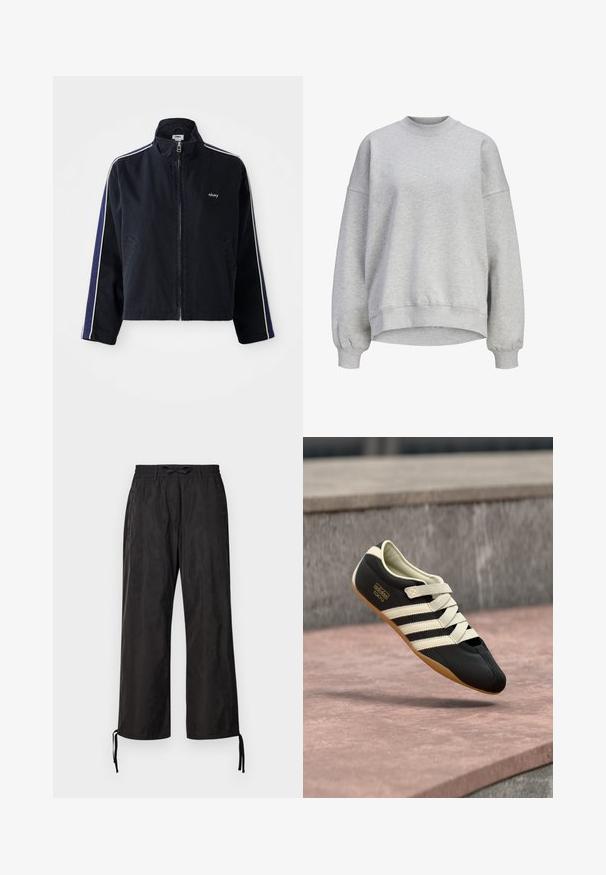Marineblaues Jackett mit hohem Kragen, weißen Seitenstreifen und Reißverschluss. Verfügt über zwei Fronttaschen und ein gesticktes Logo auf der Brust.; Hellgraues Sweatshirt mit langen Ärmeln, gerippten Bündchen, geripptem Rundhalsausschnitt und etwas längerem Rückenbund.; Schwarze, locker sitzende Hosen mit einem elastischen Bund und verstellbaren Kordeln an den Knöcheln. Glattes Gewebe mit einem dezenten Glanz.; Schwarzer Sportschuh mit cremefarbenen Streifen und Schnürsenkeln, mit niedrigem Profil, glatter Textur und einer Gummisohle für guten Halt. Markenlabel sichtbar.