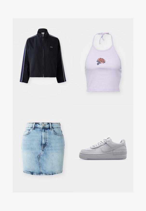 Námornícky modrá bunda s vysokým golierom, bielymi bočnými pásmi a zipsom. Obsahuje dve predné vrecká a vyšitý logo na hrudi.; Fialová halter crop top vyrobená z bavlny, s vyšitím ruže v oranžovej a námorníckej farbe, so zaväzovaním na krku.; Svetlomodrá džínová sukňa so priliehavým strihom, piatimi vreckami, zapínaním na gombík a zips, a so šitými detailmi pozdĺž spodného okraja.; Šedé tenisky Nike Air Force 1 s perforovanou špičkou, hladkým koženým zvrškom, hrubou podrážkou a embosovaným detailom 'AIR' na päte.