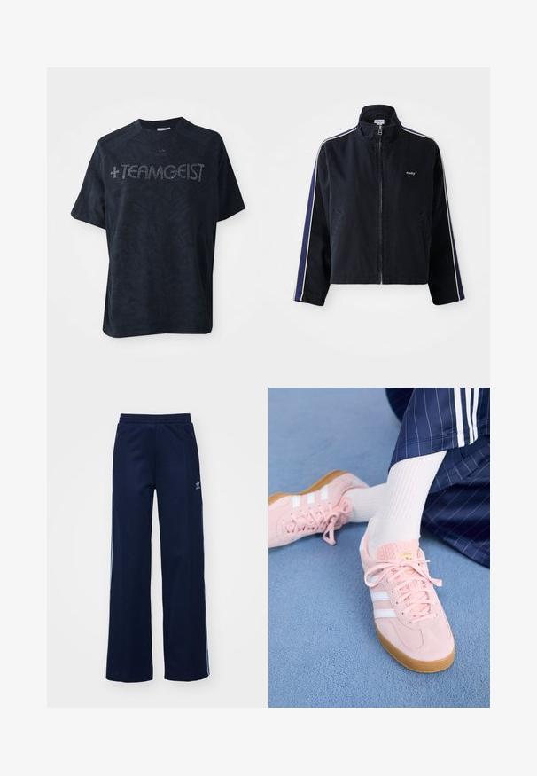 Mørkeblå jakke med høj krave, hvide sidebånd og lynlås. Har to forlommer og et broderet logo på brystet.; Sort kortærmet t-shirt lavet af blødt stof, med et tekstureret mønster og udsmykket med rhinsten, der staver "+TEAMGEIST."; Marineblå bomuldsblandede træningsbukser med bred benstil, elastisk talje og lynlåslommer, prydet med hvide sideordner og logo-detalje.; Lyserøde ruskinds sneakers med hvide striber og snørebånd, udstyret med en struktureret tunge og en gummisål, placeret på et blåt tæppe.