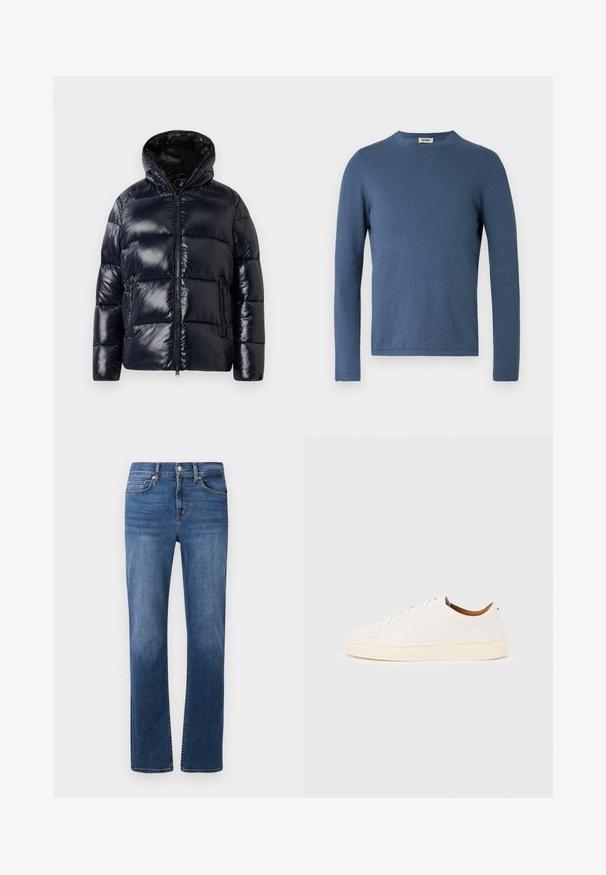 Skinny sort pufferjakke med hætte, lynlås foran og to lynlåslommer, designet til koldt vejr.; Blå langærmet sweater lavet af blødt, tekstureret stof. Har rund halsudskæring og en tætsiddende pasform med minimale syningsdetaljer.; Mørkeblå denimjeans med lige ben, fem-lomme stil og kontraststing. Har en knap- og lynlåslukning.; Hvid lavtop-sneakers med snørelukning, minimale syningsdetaljer og en cremefarvet sål på en lysegrå baggrund.