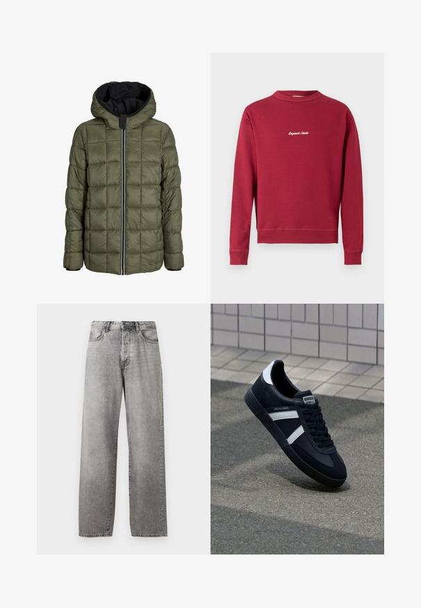 Doudoune noire avec capuche, dotée d'une fermeture éclair beige contrastante, de poignets élastiques et d'une doublure intérieure en olive matelassée.; Sweatshirt bordeaux en mélange de coton avec un col rond, des poignets et un ourlet côtelés. Présente un texte brodé blanc "Original Studio" sur le devant.; Jeans larges gris en denim. Présente une taille haute, cinq poches et une fermeture par bouton et zip. Légère décoloration sur le tissu.; Sneaker en cuir noir avec des rayures blanches, semelle en caoutchouc texturée et devant à lacets. Présente une étiquette de marque sur la languette.
