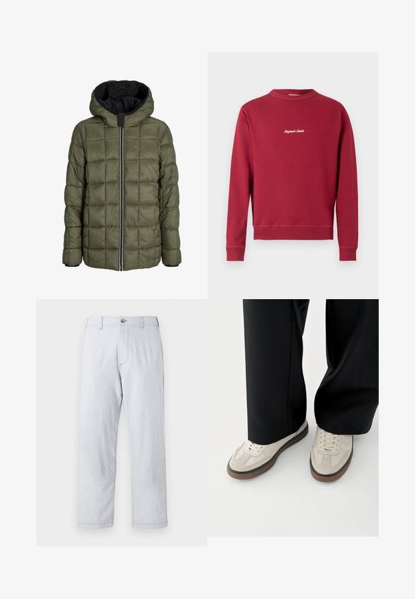 Doudoune noire avec capuche, dotée d'une fermeture éclair beige contrastante, de poignets élastiques et d'une doublure intérieure en olive matelassée.; Sweatshirt bordeaux en mélange de coton avec un col rond, des poignets et un ourlet côtelés. Présente un texte brodé blanc "Original Studio" sur le devant.; Pantalons gris clair à jambe droite en tissu texturé. Dotés d'une fermeture à bouton à l'avant et de passants de ceinture. Sans motifs ni accents visibles.; Pieds portant des baskets beige avec des semelles marron et un pantalon noir à jambes larges sur fond blanc.