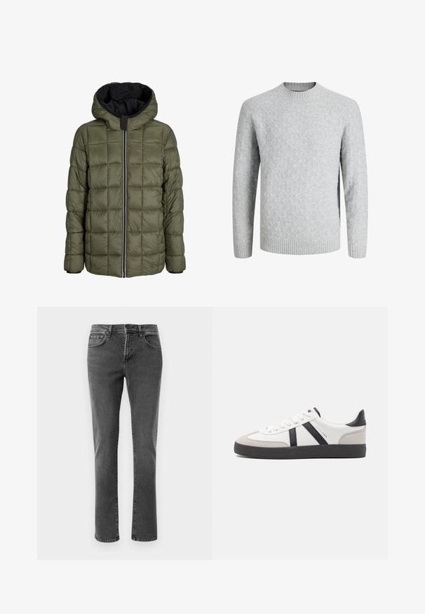 Chaqueta de abrigo negra con capucha, que presenta un cierre beige en contraste, puños elásticos y un forro interior acolchado en verde oliva.; Jersey de punto gris claro con patrón de rombos, cuello redondo, puños y dobladillo acanalados, mangas largas, adecuado para clima frío.; Jeans de mezclilla de pierna recta en color negro, con bolsillos delanteros y traseros, cremallera y cierre de botón, sobre un fondo blanco liso.; Zapatilla blanca con acentos en negro y gris, que presenta una puntera texturizada en gris, suela de goma negra y cordones planos blancos. Diseño limpio, estilo minimalista.