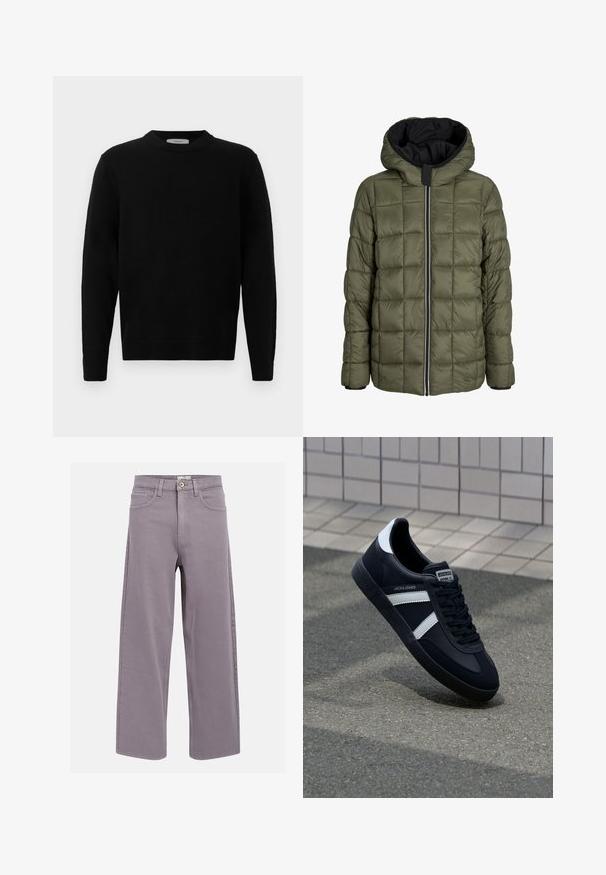 Sort pufferjakke med hætte, der har en kontrastfarvet beige lynlås, elastiske manchetter og en quiltet olivengrøn indvendig foring.; Sort strik sweater med rund hals, lange ærmer og ribbede manchetter. Blød tekstur med et rent, minimalistisk design, velegnet til afslappet brug.; Lige-lige lavendelgrå jeans med front- og baglommer, bæltestropper og knaplukning ved taljen.; Sort lædersneaker med hvide striber, tekstureret gummisål og snørrebånd foran. Har et brandet mærke på tungen.