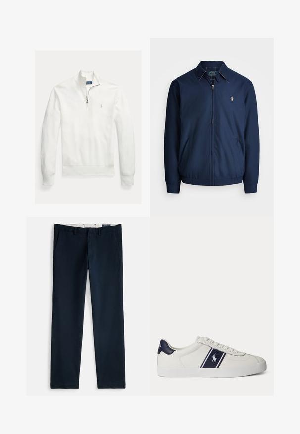 Marineblaue Zip-Jacke mit Kragen, Fronttaschen, elastischen Bündchen und einem kleinen gestickten Logo auf der Brust. Glatte Stofftextur.; Weißer Pullover mit langem Ärmel, Reißverschlusskragen, gewebter Textur und einem kleinen, grauen, gestickten Logo auf der linken Brust.; Marineblaue Chinos mit geradem Bein, schräge Vordertaschen, Gürtelschlaufen und einem weißen Innenfutter.; Weißer niedriger Sneaker mit dunkelblauem Streifen und Logo an der Seite sowie dunkelblauer Fersenschlaufe, flacher weißer Sohle und weißen Schnürsenkeln.