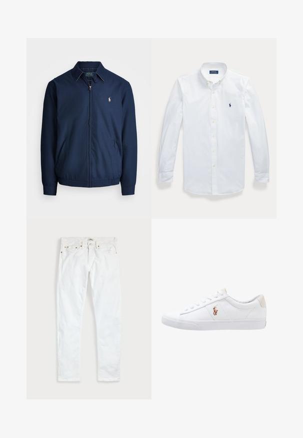 Marineblå lynlåsjakke med krave, forlommer, elastiske manchetter og et lille broderet logo på brystet. Glat stoftekstur.; Hvid langærmet skjorte med knapper og krave, Polo Ralph Lauren-logo broderet på venstre bryst.; Hvide slim fit jeans med fem lommer, knaplukning og bæltestropper, fladt lagt på en ensfarvet lys baggrund.; Hvide kanvas sneakers med lågtop design, prydet med en beige hælkappe og et lille broderet logo på siden. Gummisål.