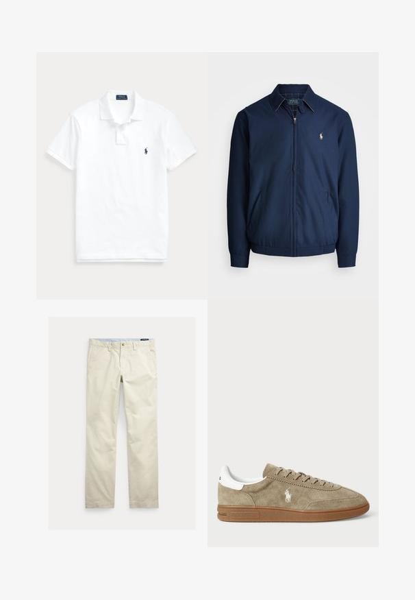 Veste zippée navy avec col, poches avant, poignets élastiques, et un petit logo brodé sur la poitrine. Texture de tissu lisse.; Polo blanc à manches courtes avec col, patte de boutonnage à deux boutons et petit logo bleu marine sur le côté gauche de la poitrine.; Pantalon beige en coton coupe droite avec passants pour ceinture, bouton devant, fermeture éclair et poches latérales.; Baskets en daim couleur beige avec des accents blancs, bout rond et design à lacets. Présente un logo en relief et une semelle en caoutchouc pour une meilleure traction.