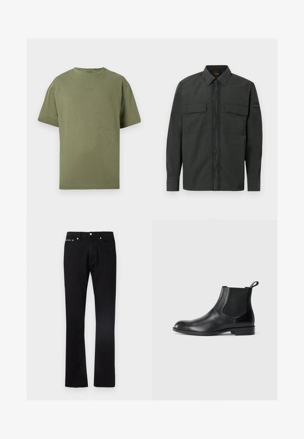 Veste légère noire avec une fermeture éclair frontale, deux poches poitrine et un logo discret sur la manche. Dotée d'un col structuré et de manches longues.; T-shirt vert olive à manches courtes en coton doux, avec un col rond et un logo "BOSS" discret embossé sur la poitrine. Texture lisse, design décontracté.; Jean denim noir à jambe droite avec cinq poches et une fermeture à bouton, présenté à plat sur un fond blanc.; Bottine en cuir noir avec des panneaux latéraux élastiques, bout rond et tirette. Texture lisse, semelle plate, design minimaliste.