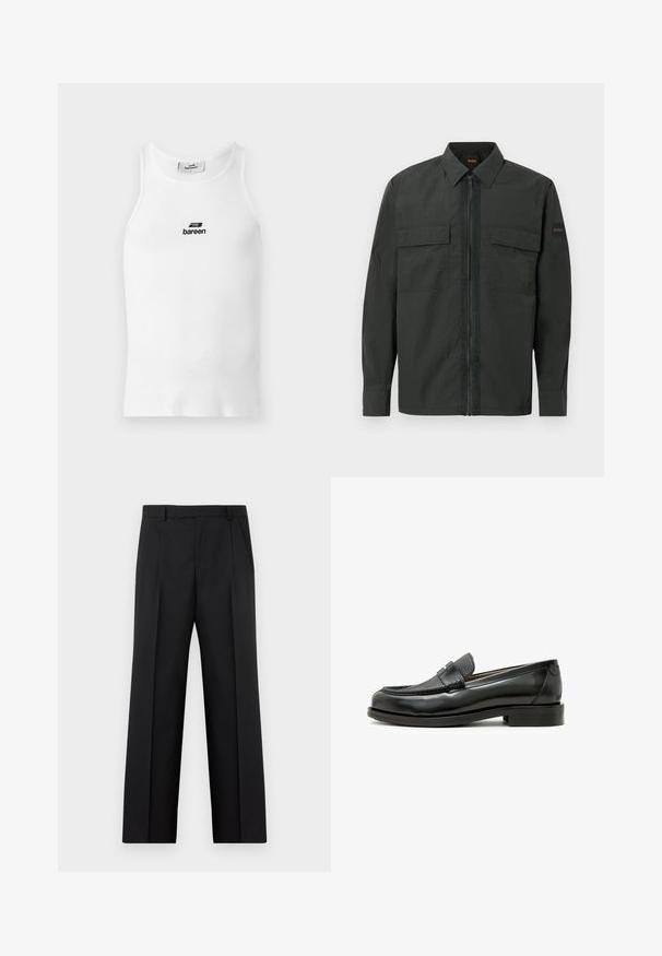 Veste légère noire avec une fermeture éclair frontale, deux poches poitrine et un logo discret sur la manche. Dotée d'un col structuré et de manches longues.; Débardeur blanc côtelé sans manches avec encolure ronde et logo noir « bareen » centré sur la poitrine.; Pantalon noir habillé à jambes droites avec plis avant, poches latérales et taille avec passants de ceinture, présenté à plat sur un fond blanc.; Mocassin en cuir noir avec une pièce en cuir texturé noir, bout rond et petit talon carré ; présente un détail métallique décoratif.