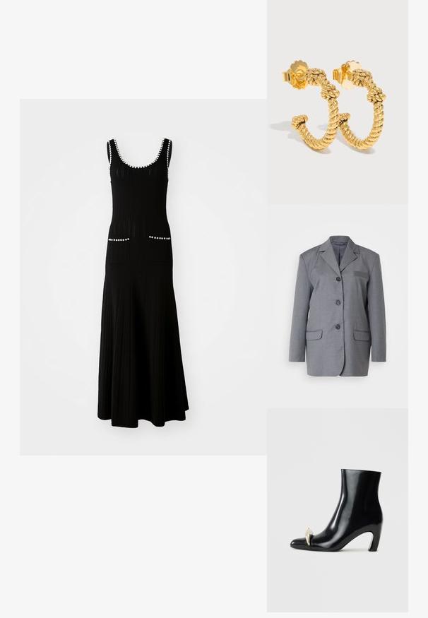 Grå blazer lavet af struktureret stof med reverskrave, treknapslukning og to forlommer. Simpel og skræddersyet design.; Sort strikket kjole med tætsiddende overdel og udskåret skørt. Har hvide perleaccenter langs halsudskæringen og lommer. Struktureret stof.; Sort ankelstøvle lavet af blank læder, med spids tå og en dekorativ guld- og sølvaccent foran. Design med blokhæle.; Guld snoede reb-textur øreringe i hoop med sommerfugle-lukninger på en lys baggrund.