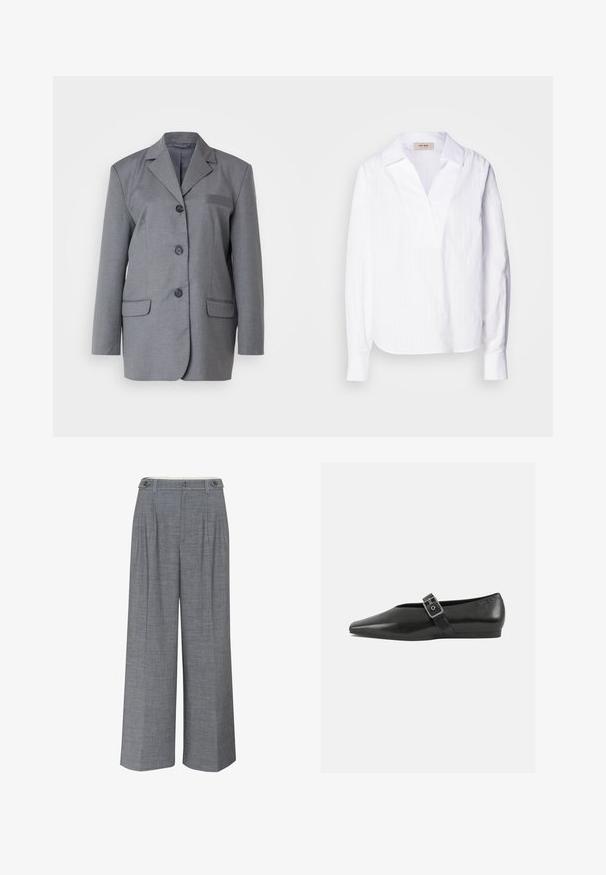 Grå blazer lavet af struktureret stof med reverskrave, treknapslukning og to forlommer. Simpel og skræddersyet design.; Hvid langærmet skjorte lavet af letvægts tekstureret stof, med V-hals, oversize krave og subtile lodrette striber.; Grå bukser med bred benåbning lavet af tekstureret stof, der har dobbelt knaplukning og frontfolder for ekstra designdetaljer.; Sorte læder flade sko med spidse tæer, prydet med en metallisk spænde over vristen og en lav, fleksibel sål.