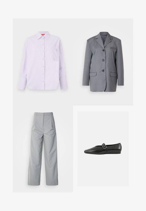 Grå blazer lavet af struktureret stof med reverskrave, treknapslukning og to forlommer. Simpel og skræddersyet design.; Lys lilla skjorte med knapper og lodrette striber, enkelt brystlomme og krave. Har lange ærmer med brede manchetter og et diskret logo.; Grå bredebukser lavet af tekstureret stof, med høj talje, læg foran og en lige pasform ned til kanten.; Sorte læder flade sko med spidse tæer, prydet med en metallisk spænde over vristen og en lav, fleksibel sål.