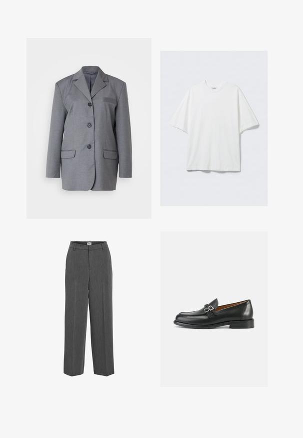 Blazer gris en tissu texturé avec revers cranté, fermeture à trois boutons et deux poches avant. Design simple et ajusté.; T-shirt blanc surdimensionné en coton à manches courtes avec col rond et une petite étiquette de marque à l'intérieur du col.; Pantalons gris ajustés avec un design à jambes droites, devant plat et texture subtile. Comprend une taille avec passants de ceinture et sans poches visibles.; Mocassins en cuir noir avec un design cousu, comportant un double accent boucle et un talon légèrement surélevé pour plus de hauteur.