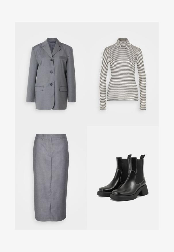 Sivý blazer vyrobený z textúrovaného materiálu, ktorý má klopový golier, zapínanie na tri gombíky a dve predné vrecká. Jednoduchý a strihaný dizajn.; Anna Field by Zalando Top s dlhým rukávom - beige/black; ONLY ONLNANCY LONG SKIRT - Puzdrová sukňa - medium grey/white; Čierne kožené Chelsea čižmy s robustným podpätkom, elastickými bočnými panelmi a kontrastným bielym prešívaním. Textúrovaný povrch.