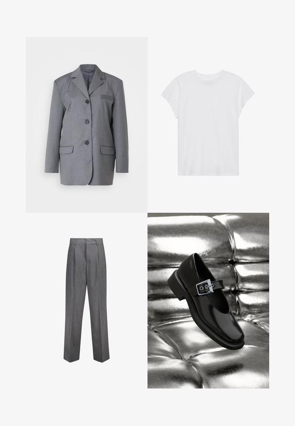 Grijze blazer van textuurstof met een gestructureerd revers, drieknoopsluiting en twee voorkampen. Eenvoudig en op maat gemaakt ontwerp.; Witte t-shirt met korte mouwen, ronde hals, relaxte pasvorm, gemaakt van zacht katoen. Glad textuur, geen patronen of logo's.; Grijze maatwerkbroek met rechte pijpen, voorzien van voorplooien, een gladde textuur en een klassiek design van de tailleband.; Zwarte leren Mary Jane-schoenen met een vierkante neus, een zilveren gesp accent en een chunky lage hak, tegen een glanzende zilveren achtergrond.
