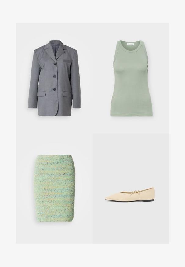 Grå blazer lavet af struktureret stof med reverskrave, treknapslukning og to forlommer. Simpel og skræddersyet design.; Ærmeløs, lysegrøn tætsiddende tanktop med rund halsudskæring og synligt mærke bagpå indvendigt ved kraven.; Knelang nederdel lavet af struktureret, pletret stof i pastelfarvet grøn med nuancer af blå, orange og lilla.; Beige flad sko med spids tå, en lille sløjfe på toppen og sort sål, vist fra siden mod en ensfarvet lys baggrund.