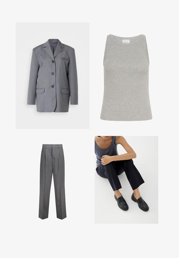 Blazer gris de tejido texturizado con solapa en pico, cierre de tres botones y dos bolsillos frontales. Diseño simple y ajustado.; Camiseta sin mangas gris con cuello redondo y diseño sin mangas. Fabricada con tela suave, presenta una silueta ajustada y costuras mínimas.; Pantalones de corte gris con pierna recta, que presentan pliegues frontales, una textura suave y un diseño de cintura clásica.; Mocasines de cuero negro con detalles texturizados, tacón bajo, puntera redonda y costuras visibles. Modelo vistiendo pantalones oscuros y una blusa gris.