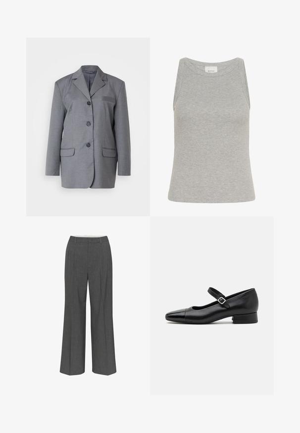 Blazer gris en tissu texturé avec revers cranté, fermeture à trois boutons et deux poches avant. Design simple et ajusté.; Débardeur gris côtelé avec un col rond et un design sans manches. Fabriqué en tissu doux, il présente une silhouette ajustée et des coutures minimales.; Pantalons gris à jambes larges en tissu texturé, avec un design à pli avant et une silhouette droite avec une taille régulière.; Chaussures Mary Jane en cuir noir avec un embout en vernis, une sangle cheville réglable et un petit talon carré. Texture lisse et design élégant.