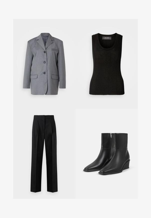 Blazer gris en tissu texturé avec revers cranté, fermeture à trois boutons et deux poches avant. Design simple et ajusté.; Mos Mosh RELENA IMANJA TANK - Débardeur - black; Pantalon noir en tissu tissé, avec une coupe sur mesure, des plis, une jambe droite et un devant plat. Texture durable et lisse.; Paire de bottines en cuir noir avec bouts pointus, talons compensés et fermetures éclair latérales sur un fond clair uni.