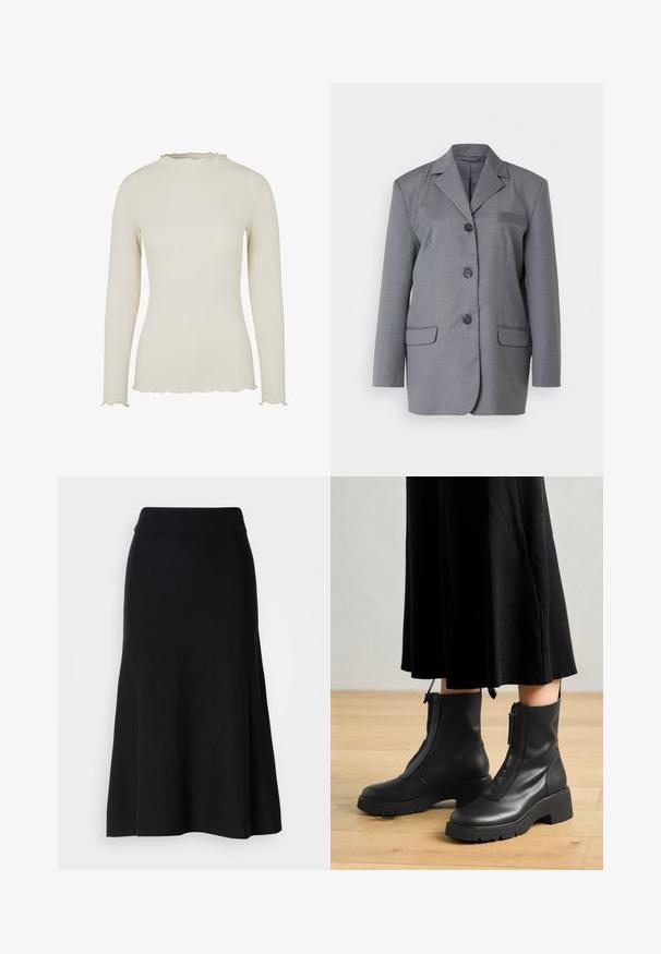 Grå blazer lavet af struktureret stof med reverskrave, treknapslukning og to forlommer. Simpel og skræddersyet design.; Langærmet top i lysecrème ribbet stof med en tekstureret finish. Har en bølget udskæring og kant for ekstra detaljer.; Sort strikfløjet nederdel med bred talje, midi-længde, glat tekstur og ingen synlige mønstre eller hardware detaljer.; Sorte læder ankelstøvler med en kraftig platformsål og en frontlynlås. Glat tekstur med et minimalistisk design.